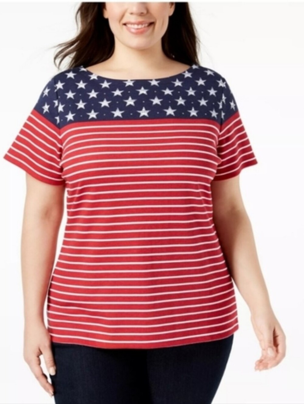 Women's Patriotic Short Sleeve American Flag Knit Top - Karen Scott - XL